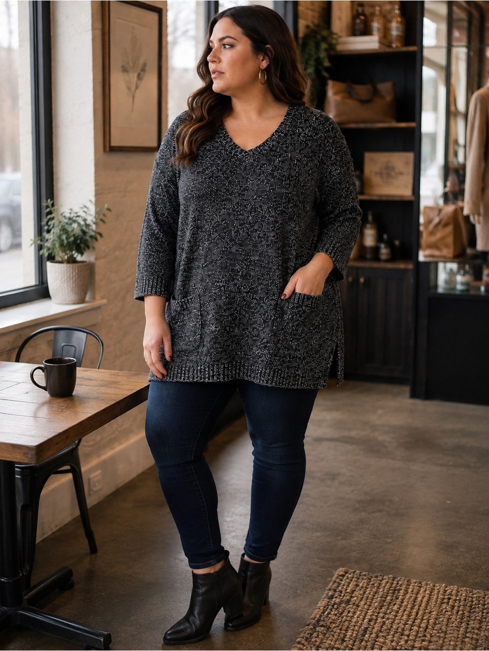 Karen Scott 1X Charcoal Gray Marled Tunic Sweater V Neck Pockets Plus Size